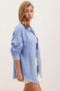 20153 Tek Cepli Oversize Keten Gömlek - Mavi resmi